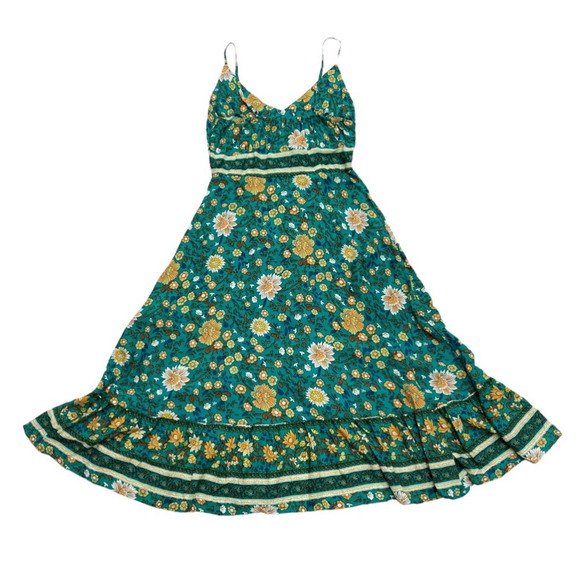 SOLD 🔴 Boho Buys long dress Printed floral fits XS, S green yellow blue - Picture 4 of 16